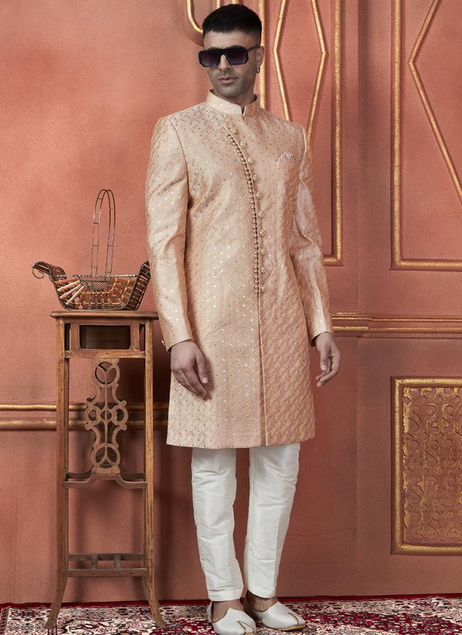Silk Orange Wedding Wear Computer Thread Readymade Sherwani Set